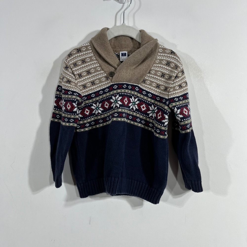 Janie and Jack Boys Nordic Blue Fair Isle Shawl Collar Cotton Sweater Size 3
